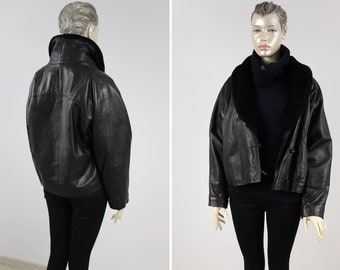 Vintage Y2k Leather Jacket Shawl Faux Fur Collar Plush Crop Coat Black Button Up Women Size Large Oversize