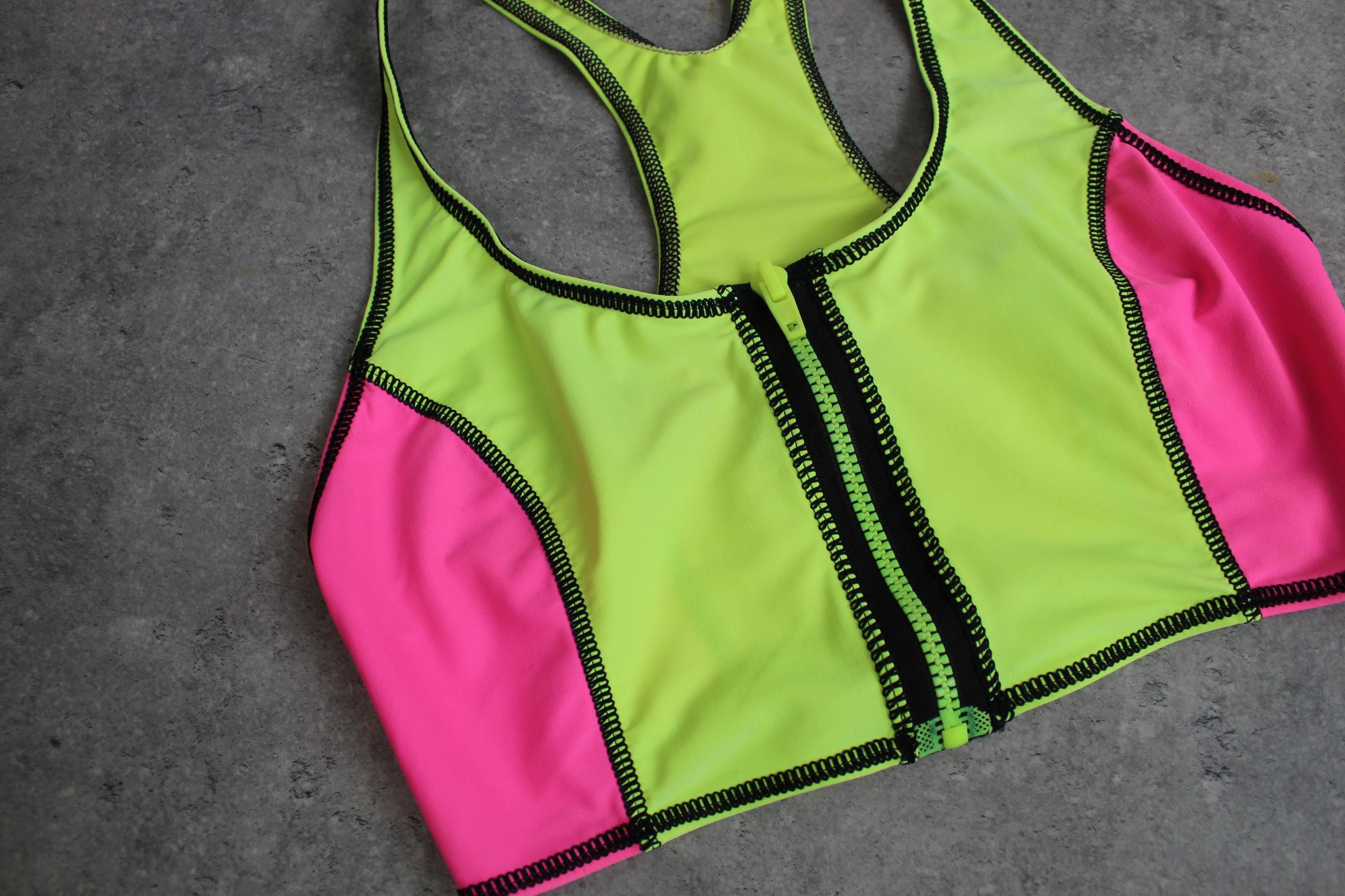 80s Aerobics Neon Sport Set Bike Shorts Top Two Piece Workout Bra