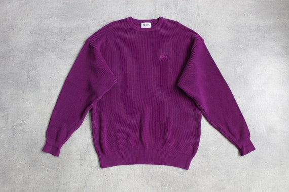Hugo Boss, HUGO BOSS Sweater 90s Purple Crewneck Pullover Long Sleeve Jumper Retro Crewneck Preppy Casual Luxury Vintage 1990s Knitted Cotton Large L