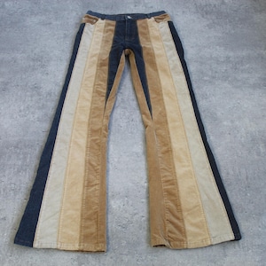 PATCHWORK Beige Flare Jeans in Blue Denim 70s vintage corduroy denim striped multicolored pantsy 00s High Waisted Bootcut Pants XS / S