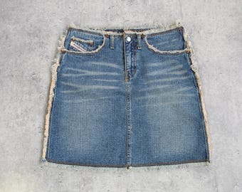 Diesel Jean Skirt Y2k Denim Mini Skirt No Waistband Blue Faded Jeans Vintage 00s Streetwear Medium / Large