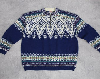 Chunky Vintage Norway sweater blue wool sweater snowflakes print ethno folk ski sweater christmas sweater Size L