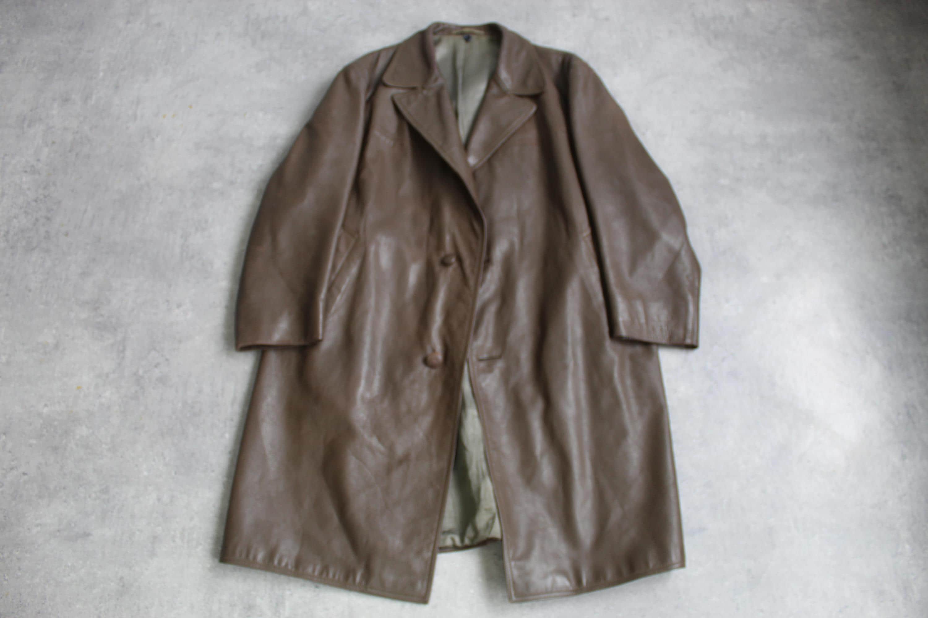 Vintage 60s Leather Brown Coat 1960s Jacket Long Maxi Button up