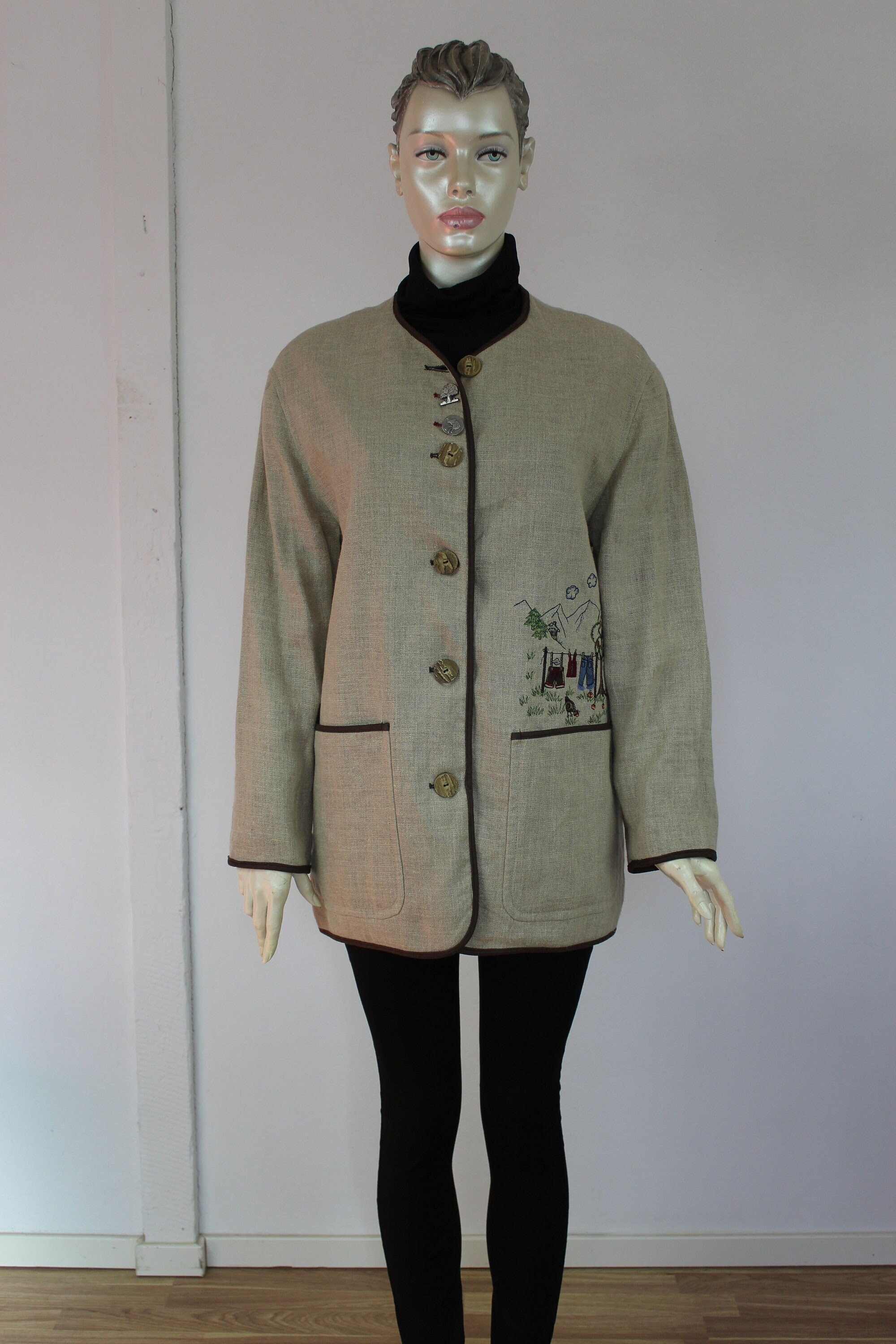 80s Trachten Jacket Linen Blazer Tyrol Austrian Alpen Jacket