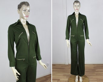 Coveralls Olive Green 70s Women&#39;s Boiler Suit Jumpsuit Long Sleeve Work Wear Boilersuit Vintage 1970 One Piece Workwear Overalls Extra Small