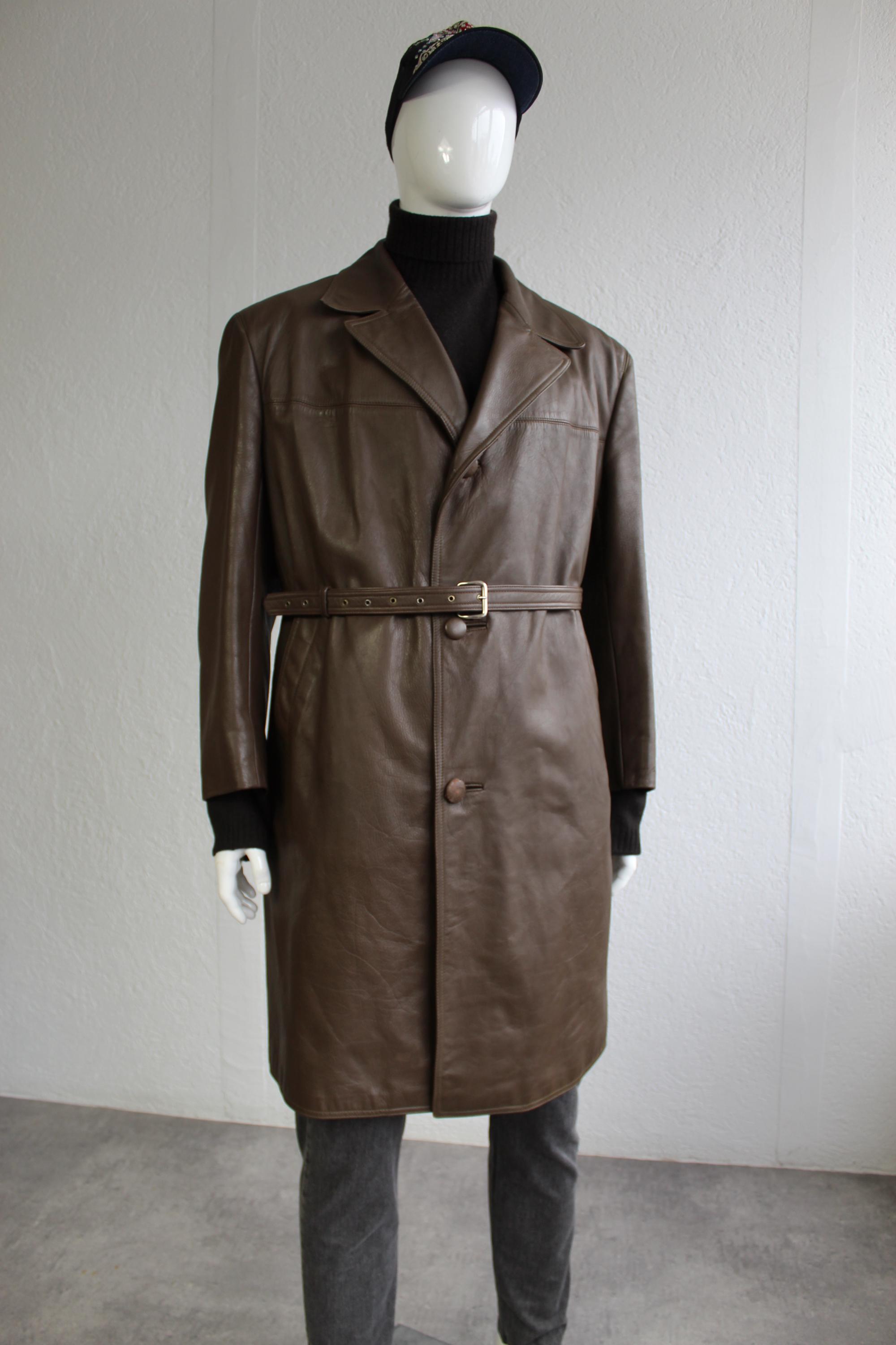 Vintage 60s Leather Brown Coat 1960s Jacket Long Maxi Button up