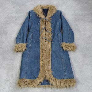 Vintage y2k Denim Penny Lane Coat Afghan Shaggy Faux Fur Collar 2000s Almost Famous Maxi Coat Hippie Boho Women Size L/ XL
