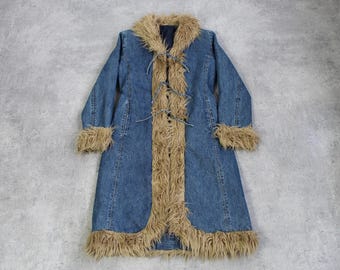 Vintage y2k Denim Penny Lane Coat Afghan Shaggy Faux Fur Collar 2000s Almost Famous Maxi Coat Hippie Boho Women Size L/ XL