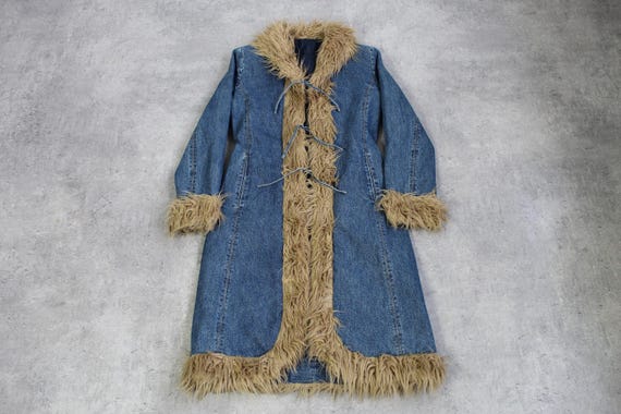Vintage Y2k Denim Penny Lane Coat Afghan Shaggy Faux Fur Collar