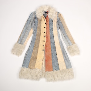 Y2K Afghan Patchwork Denim Corduroy Maxi Coat Faux Fur Trim Striped 70s Penny Lane Boho Statement Jacket  S / M