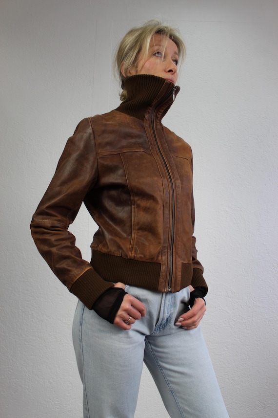 Vintage Y2K Leather Jacket Brown Distressed 2000s Jacket Cropped