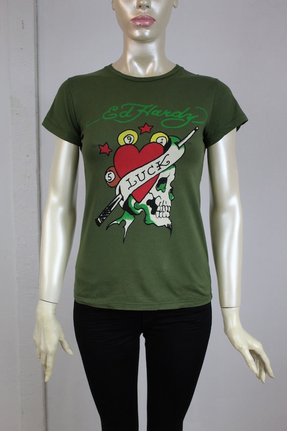 ED Hardy T-shirt Y2k Skull Heart Tattoo Artwork Olive Green Luck