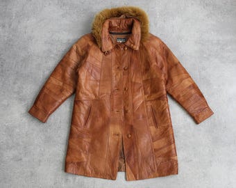 Hooded Leather Parka Coat Womens Oversized Brown Patchwork Leather Winter Jacket Vintage Hooded Fur Trim Size Large