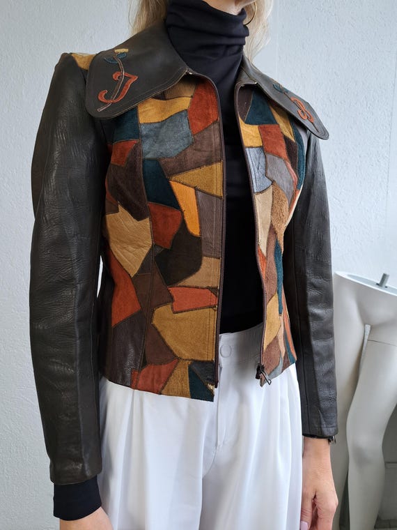 70s Leather Patchwork Jacket Zip up Short Coat Si… - image 6