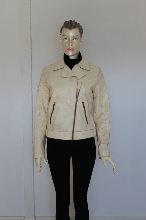 Weiße Lederjacke Y2k Sleek Moto Jacke Cracked Leder Ärmel Biker