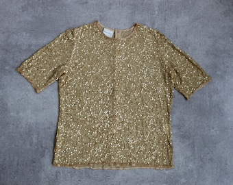 Gold Sequin Top Frank Usher Sequin Blouse Evening Silk Vintage 80s Designer Frank Elegant Usher Sequin Top Size UK18 Extra Large