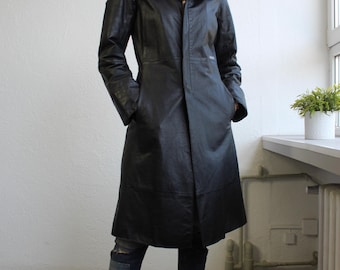 Vintage Y2k Diesel Leather Black Coat Long Zip up Trench Coat Mid