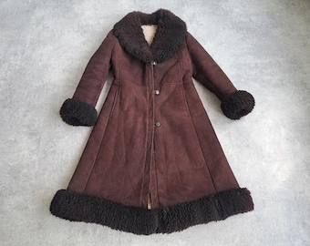 Vintage Shearling Brown Suede Coat 70s Penny Lane Jacket L Women Boho Hippie Coat Almost Famous Vintage Fur Collar Bohemian Coat L/XL