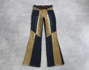 Vintage Y2k Flared Jeans Blue Brown Pants with Belted Jeans Mid Rise Waist denim Patchwork Corduroy Jeans Retro Denim Western Rodeo Small