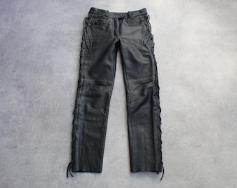 Black Leather Pants 90s Lace up Trousers Womens Medium, Retro High Rise Straight Leg Pants Punk Rocker Vintage Size 30" UNWORN DEADSTOCK