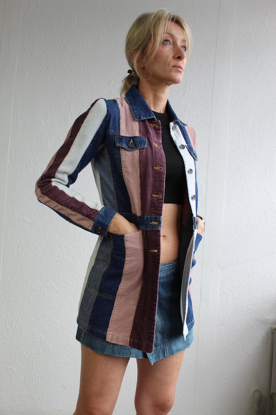 Denim Patchwork Blue Pink Jacket Striped Multicol… - image 2