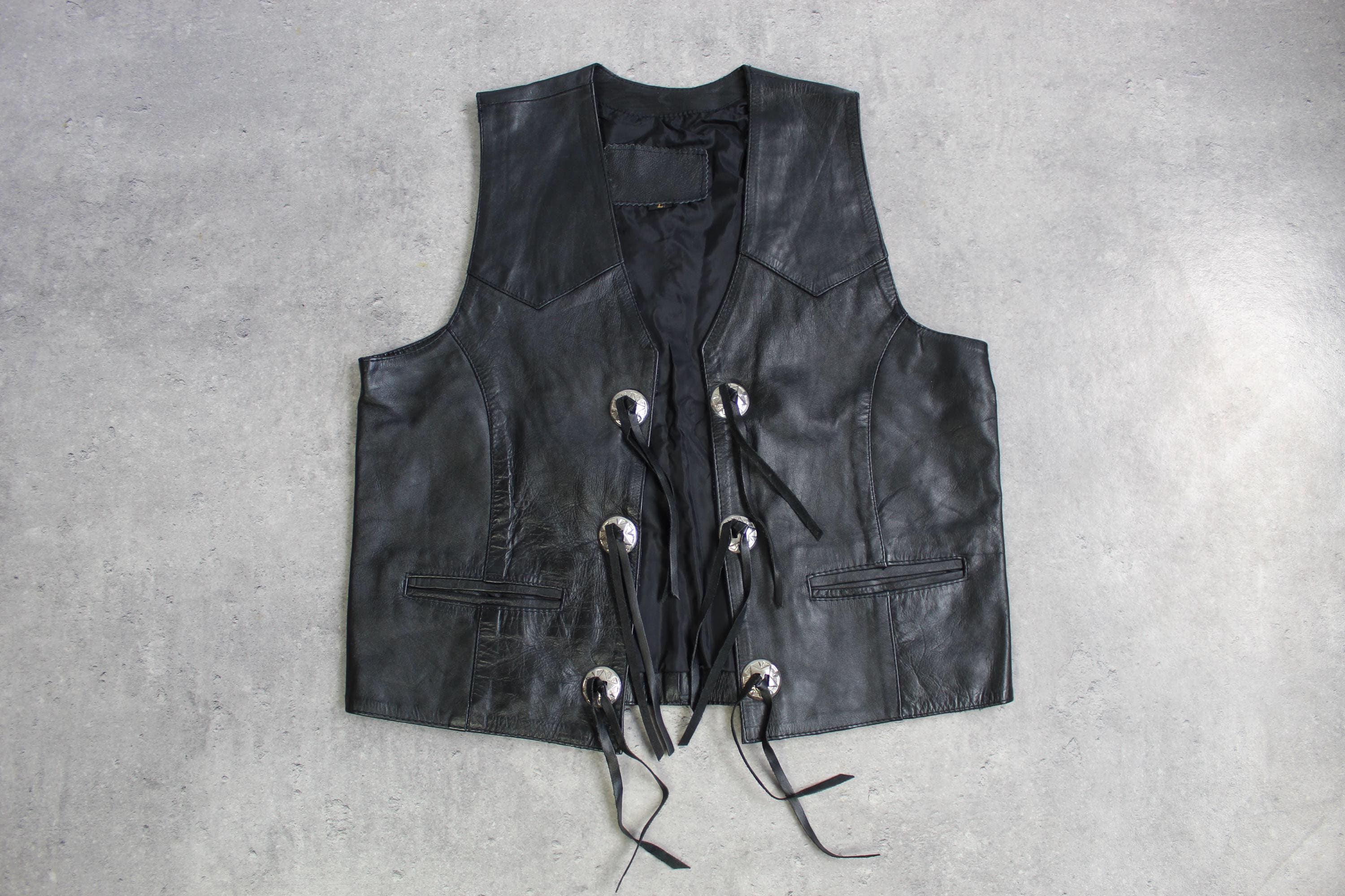 Concho Western Black Leather Vest - Etsy