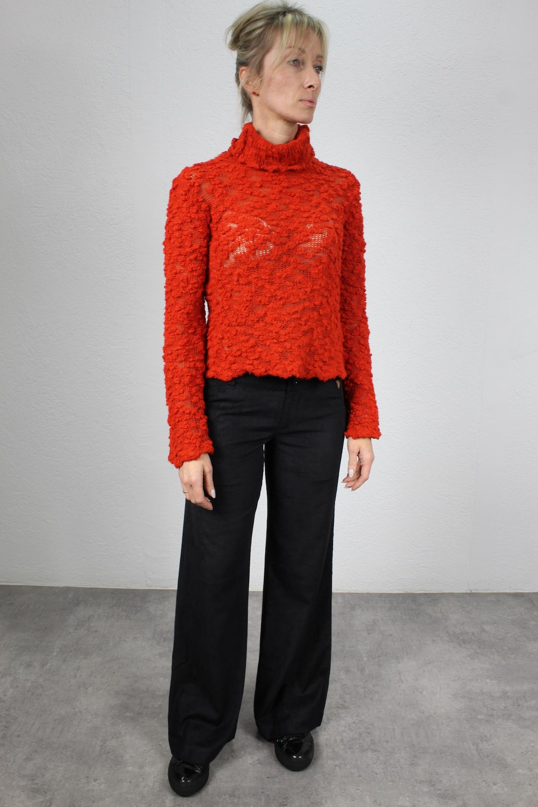 Vintage Y2k Miss Sixty Red Turtleneck Cropped Sweater Semi-sheer