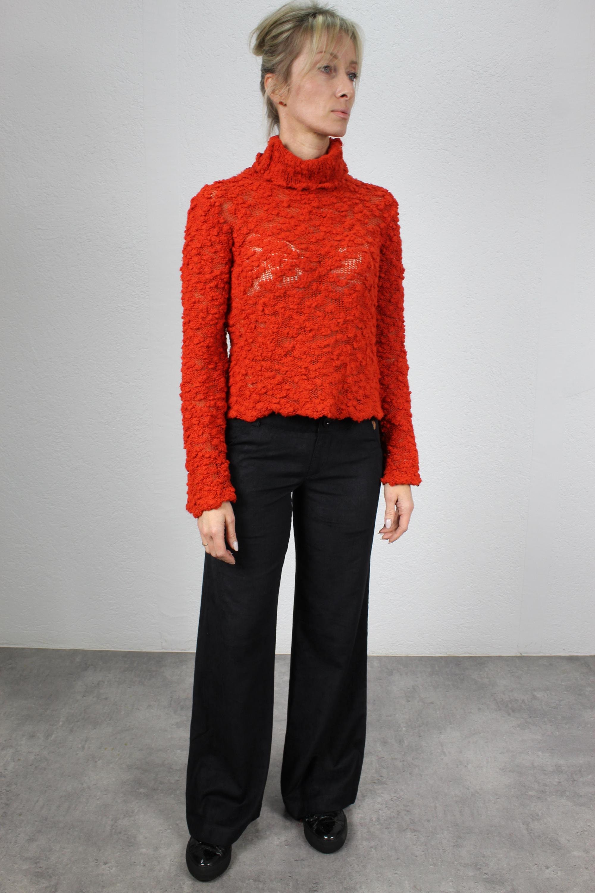 Vintage Y2k Miss Sixty Red Turtleneck Cropped Sweater Semi-sheer