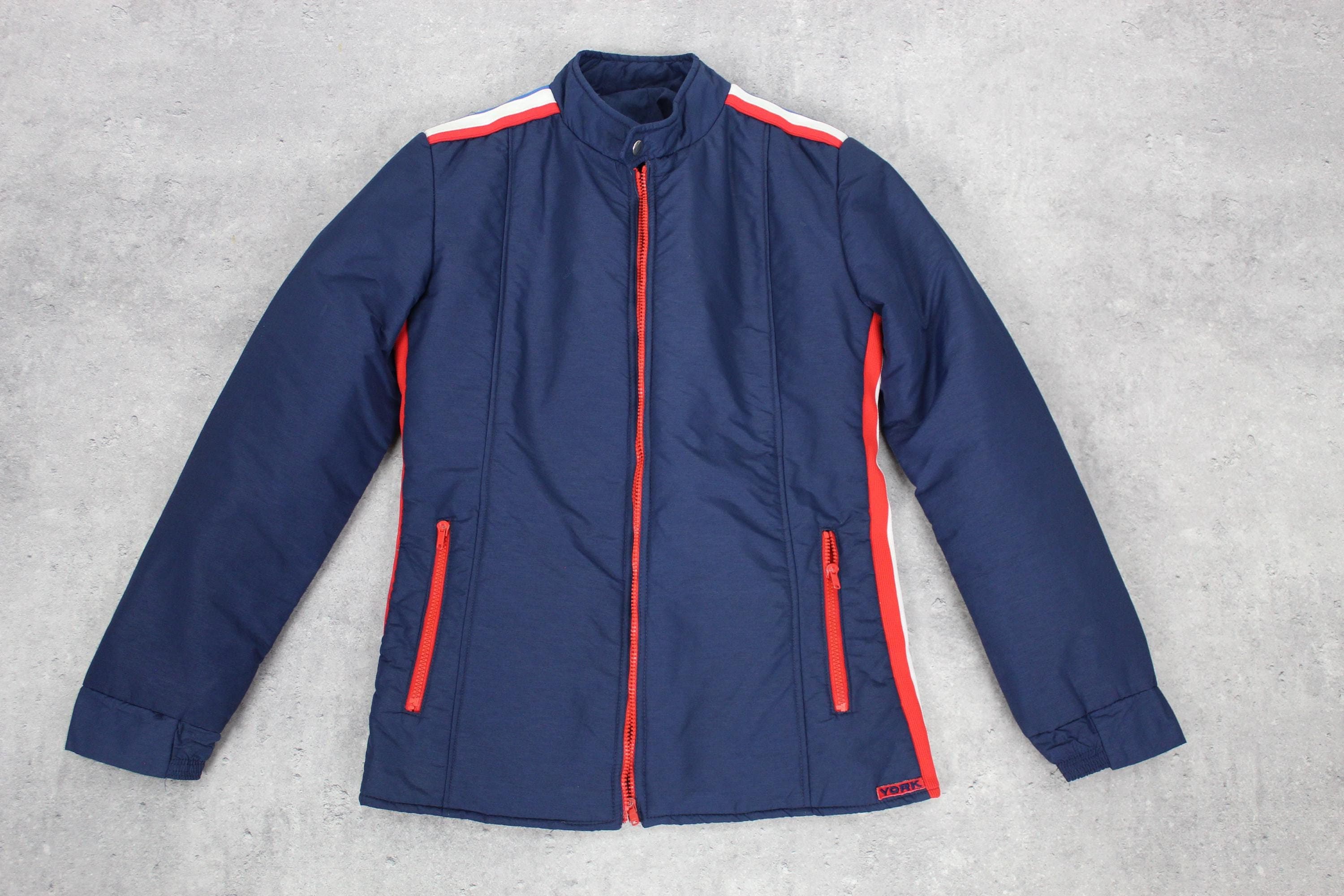 Navy Blue Puffer Jacket 70s Ski Jacket Retro Coat Winter 1970s Skiwear Short Moto Style Fitted Jacket M Medium