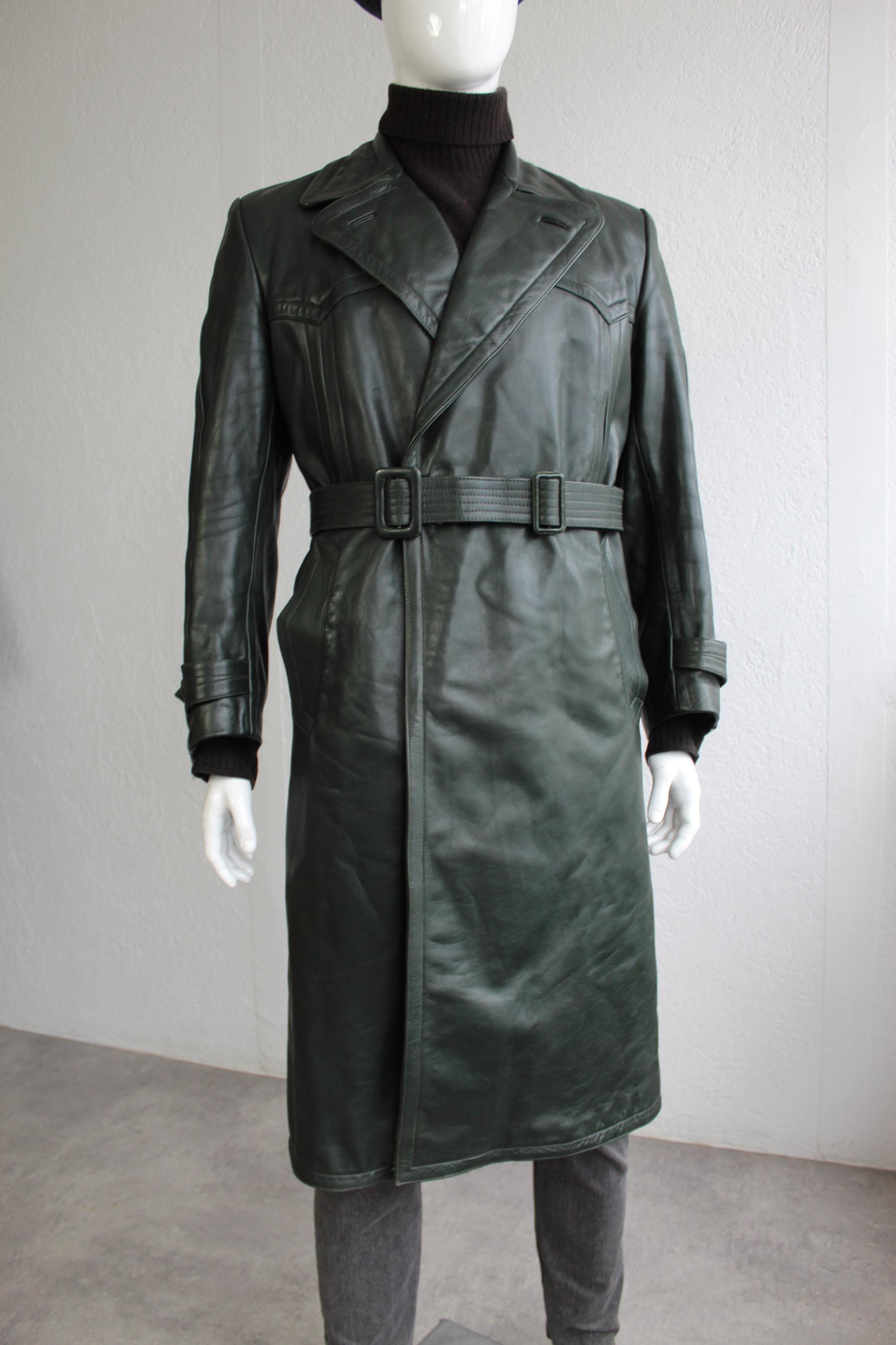 50s Leather Trench Coat Motorcycle 1950s Long Coat Military Army