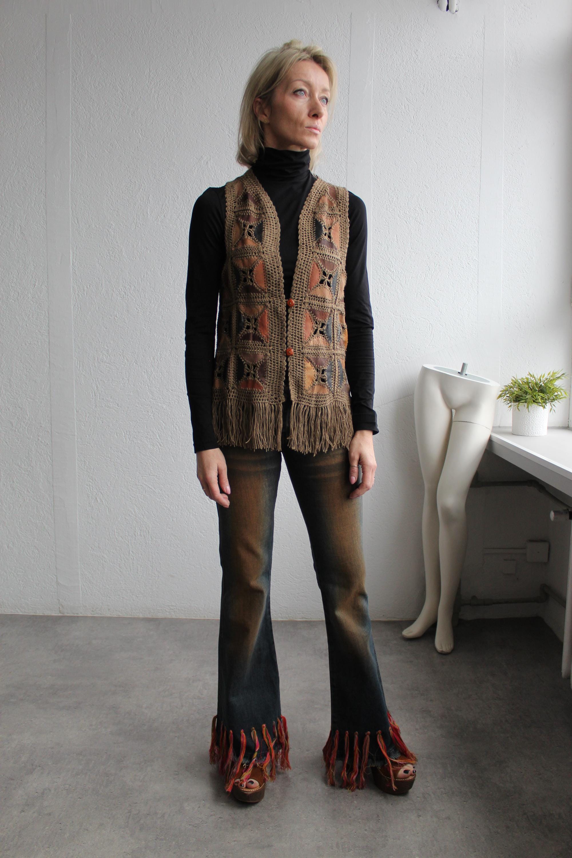 Crochet Vest 70s Patchwork Crotcheted Vintage Brown Leather Trim Vest Panel Mesh Knit Fringe Waistcoat Szie S/M UNWORN DEADSTOCK