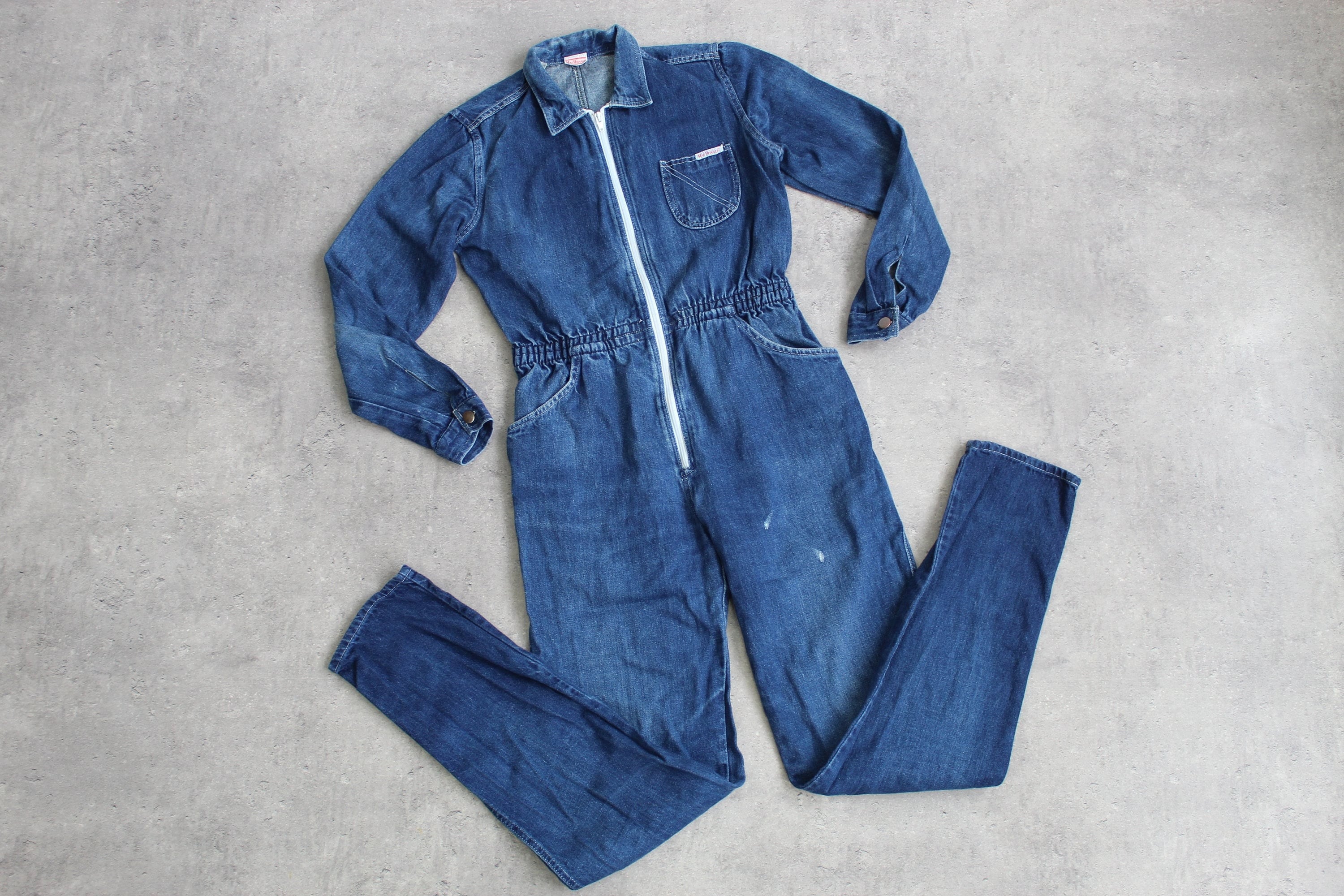 Denim Jumpsuit 80s Ideas Coveralls Blue Jean Zip up Boiler Suit Long Sleeve Romper Pants Utility Workwear Boilersuit Vintage 1980s S/M