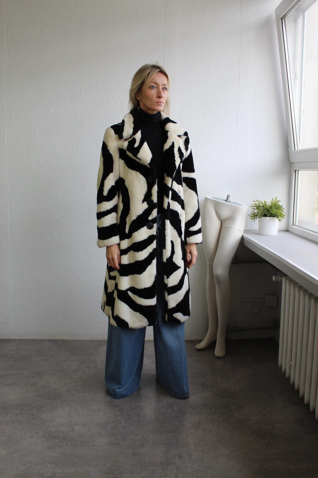 Miss Sixty Black and White Faux Fur Coat Zebra Fake Fur Teddy