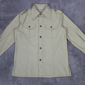 Camisa safari beige de los años 70, chaqueta de algodón retro lisa, abotonada, manga larga, bolsillos de parche, vintage, para hombre, talla M/L