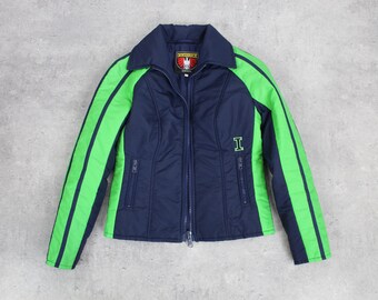 Puffer Jacket 70s Ski Jacket Navy Blue Green Retro Puffy Coat Winter 1970s Skiwear Winter Puff Short Moto Style Fitted Jacket Women S/M