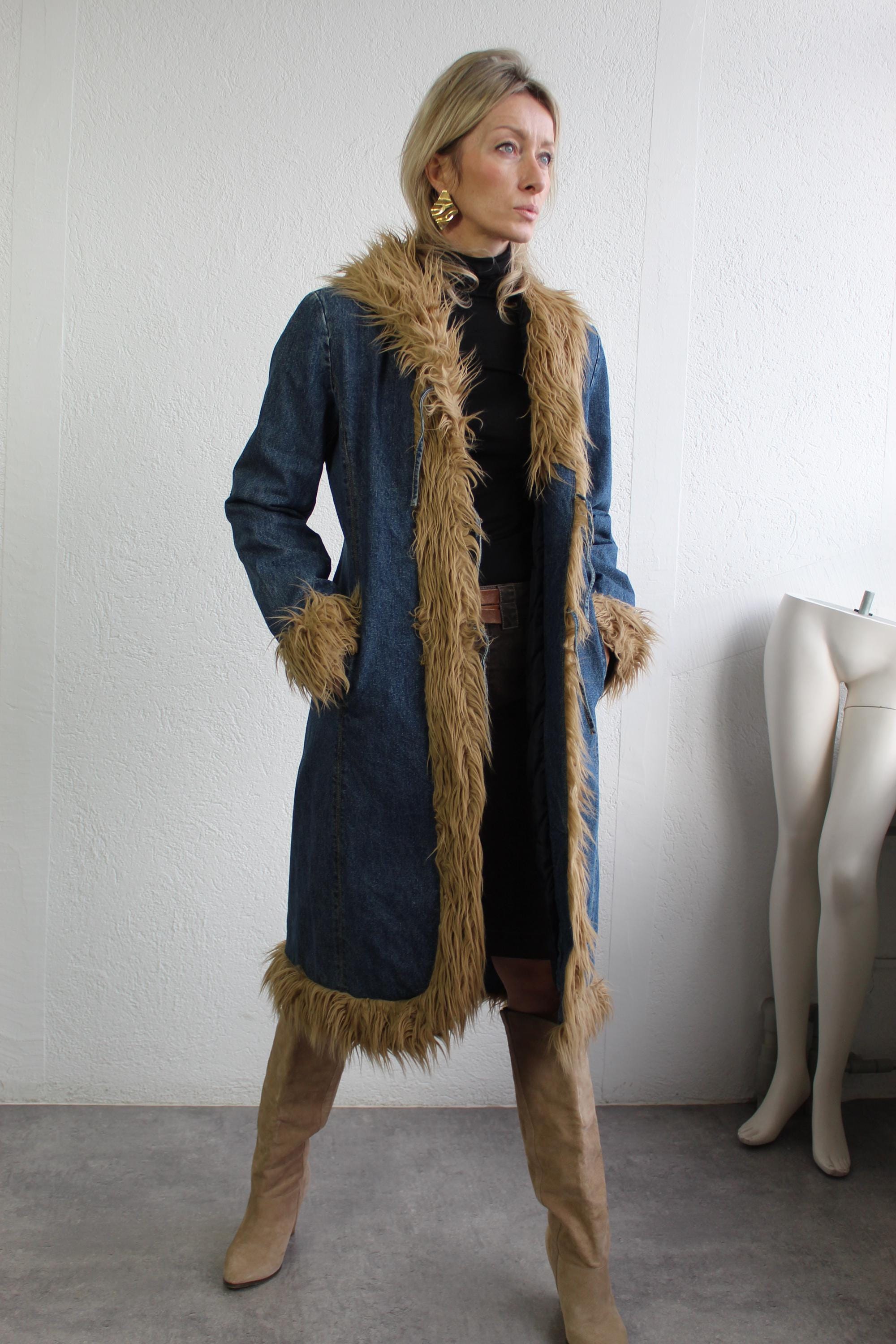 Vintage Y2k Denim Penny Lane Coat Afghan Shaggy Faux Fur Collar