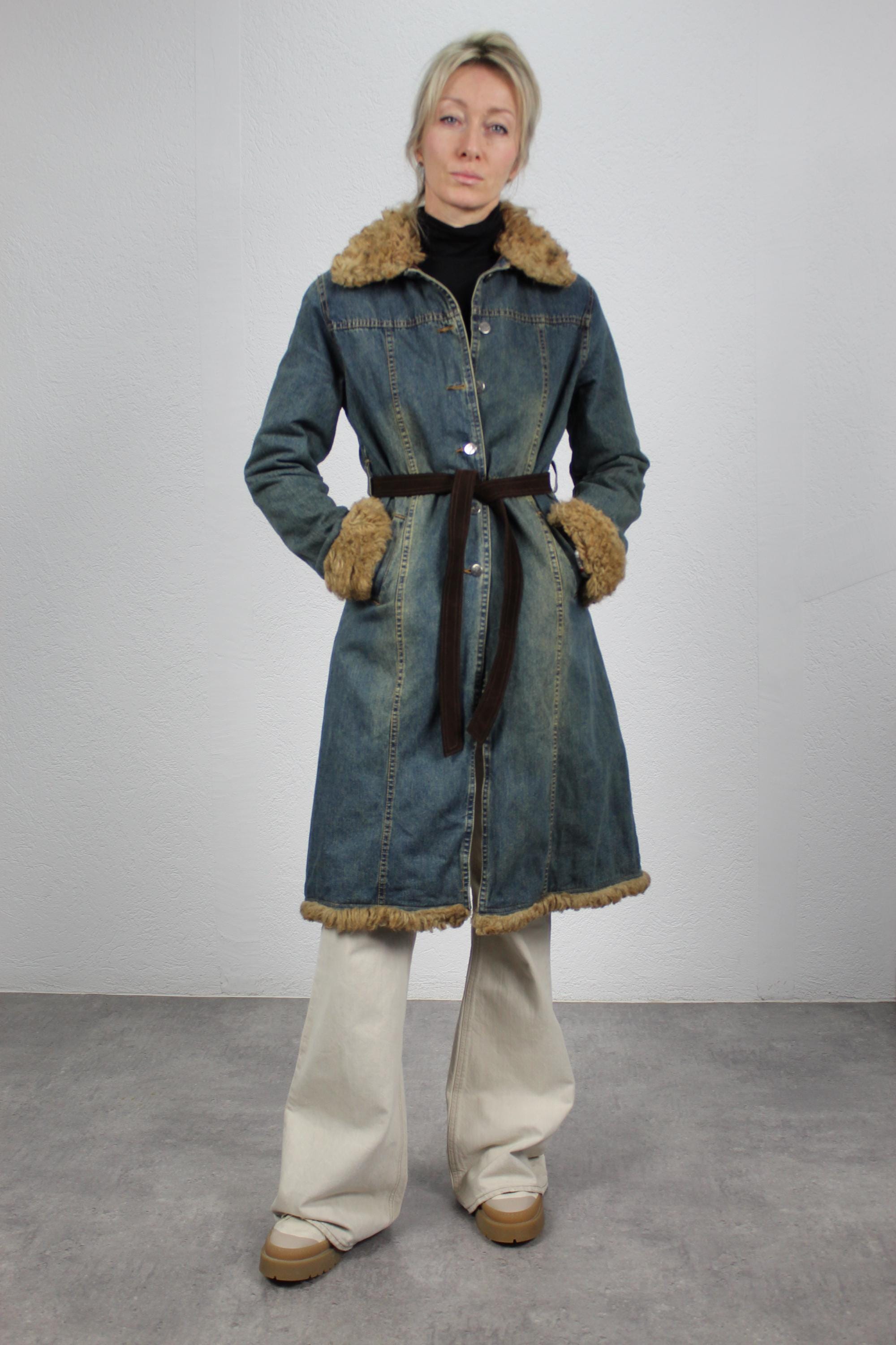 Vintage Y2k Insulated Denim Coat Penny Lane Collar Faux Fur Trench