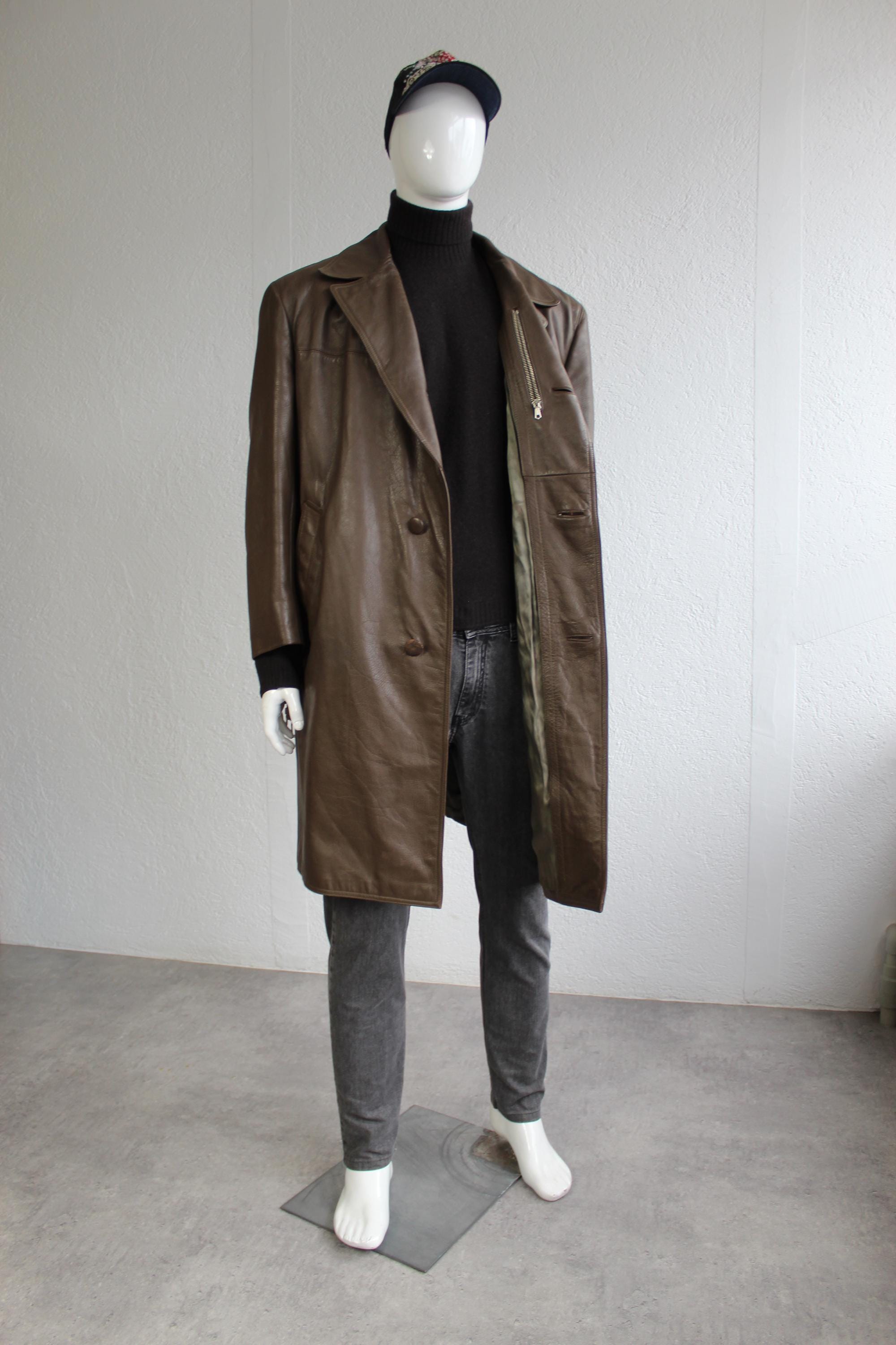 Vintage 60s Leather Brown Coat 1960s Jacket Long Maxi Button up