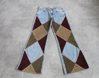 Vintage Y2k Denim Bell Bottom Blue Jeans Patchwork Braun Cord Mid Rise Taille Flare Jeans 00er Damen Medium / Groß