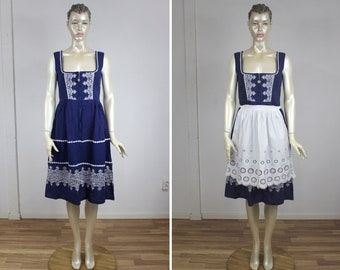 Trachten Dirndl Dress 50s Vintage Austrian Dress Embroidered Dirndl Blue White Retro Alpen outfit Folk Vintage Octoberfest dress Women M