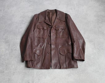 Vintage Brown Leather Jacket 70s Soft Genuine Leather Safari Style Coat Minimalist Retro Mens Outerwear Large