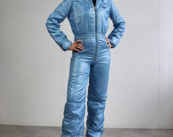 ELLESSE 80s Blue One Piece Ski Suit Winter Jumpsuit Blue Vintage Costume Retro Skiing Ski Snow Suit Womem S/M