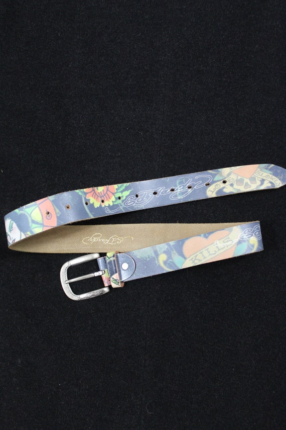 ED HARDY Belt Y2K Tattoo Print Blue Colorful Floral Skull  display picture 1