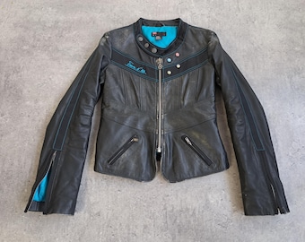 Vintage Y2K Leather Jacket in Black - 2000s Moto Racing Slim Fit