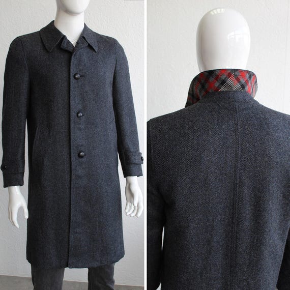 ジャケット・アウター HAND MADE herringbone over wool coat DEADSTOCK 70s Herringbone Wool Coat Navy Blue Gray Winter