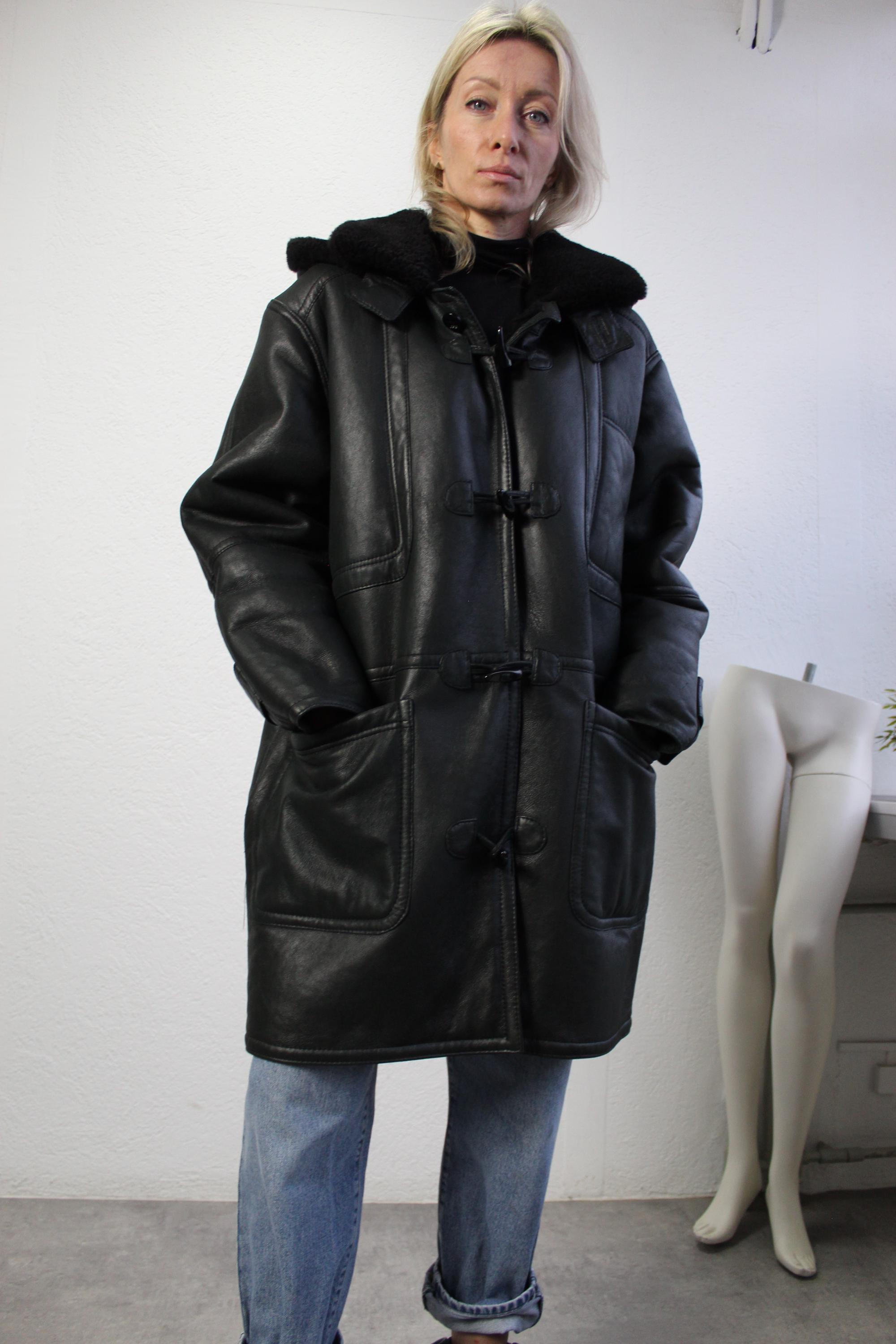 Vintage 90s Hooded Sheepskin Jacket Shearling Duffle Coat Black