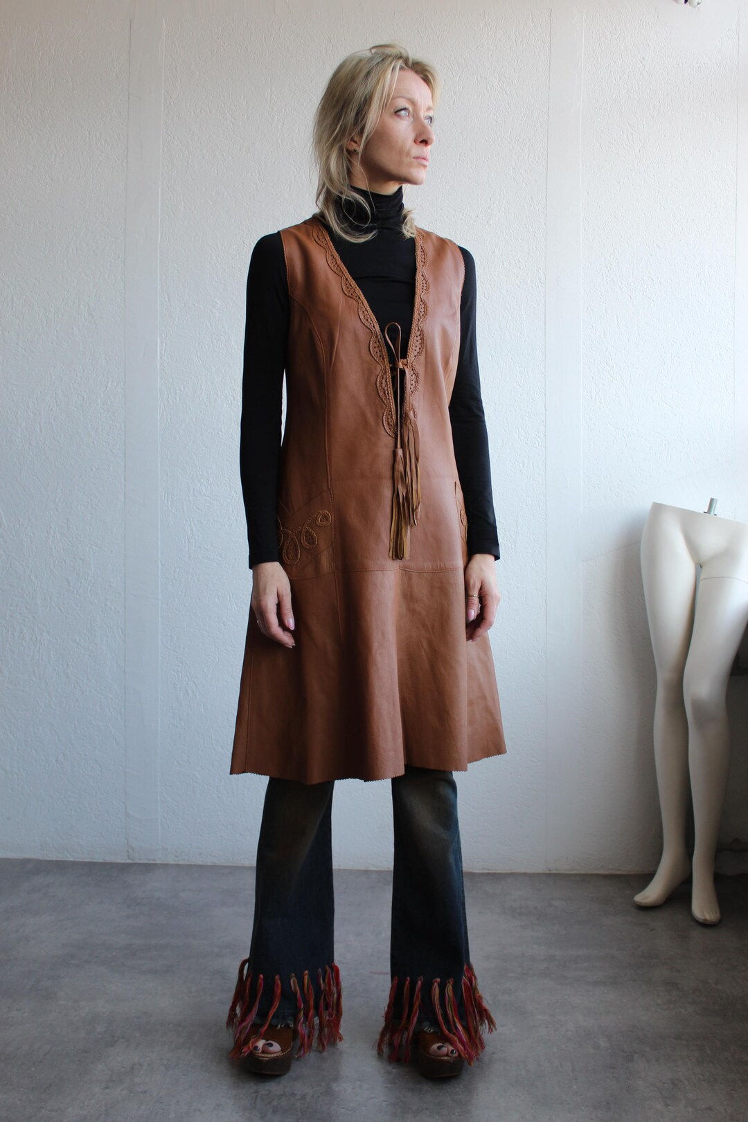 70s leather dress Vintage Leather Brown Tie-front Deep V-neck Sleeveless 1970s Bohemian Boho Hippie Size Medium / Large UNWORN DEADSTOCK brown leather dress