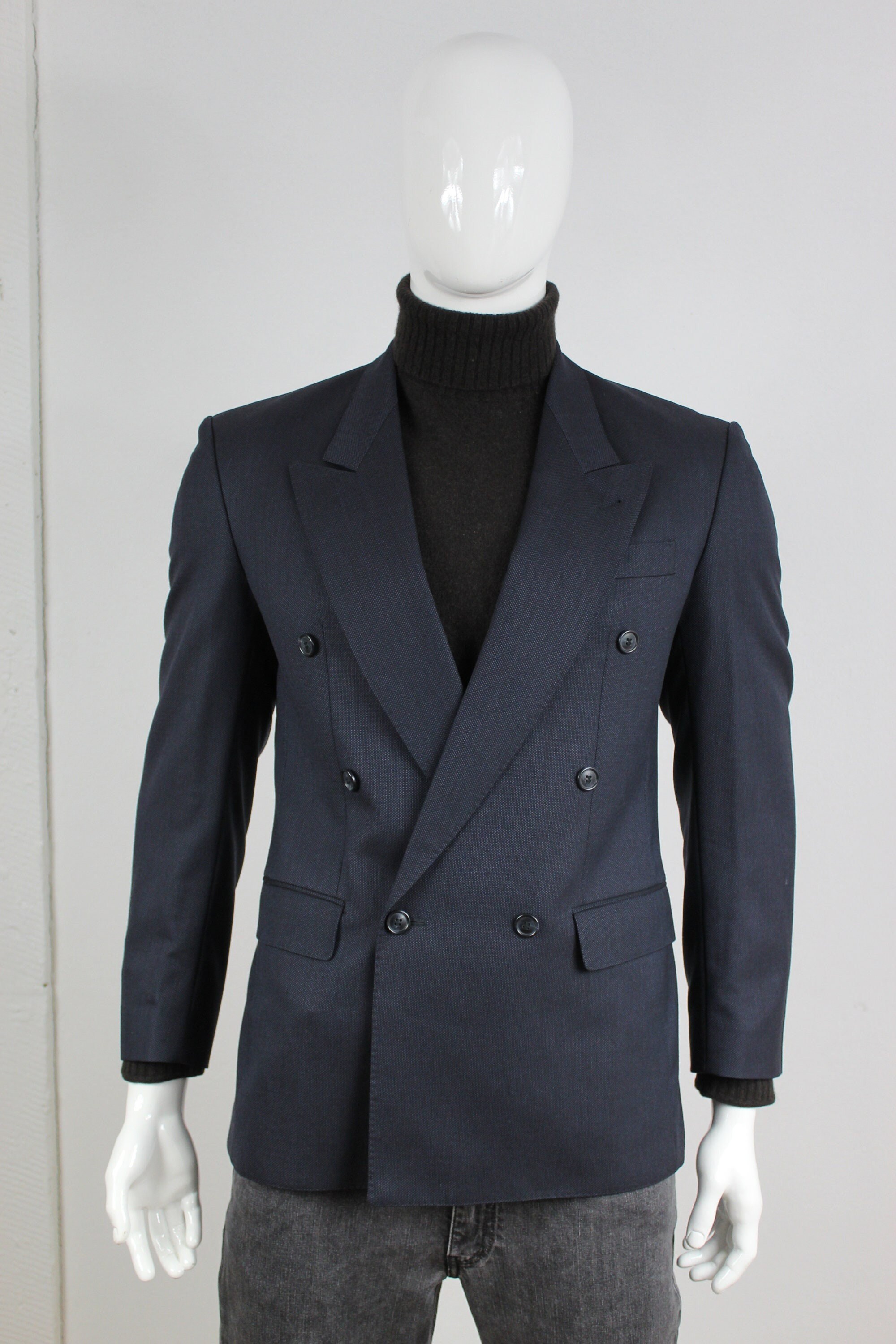 YVES SAINT LAURENT Blazer 90s Navy Blue Double-breasted Wool