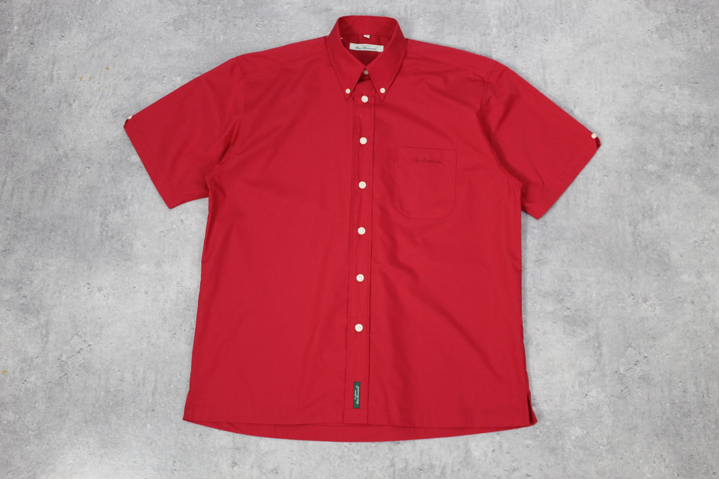 DEADSTOCK 90s Button Up Shirt Red Shirt Retro Collared Ben Sherman Top Chest Pocket Short Sleeve Plain Vintage 1990s Men's Large