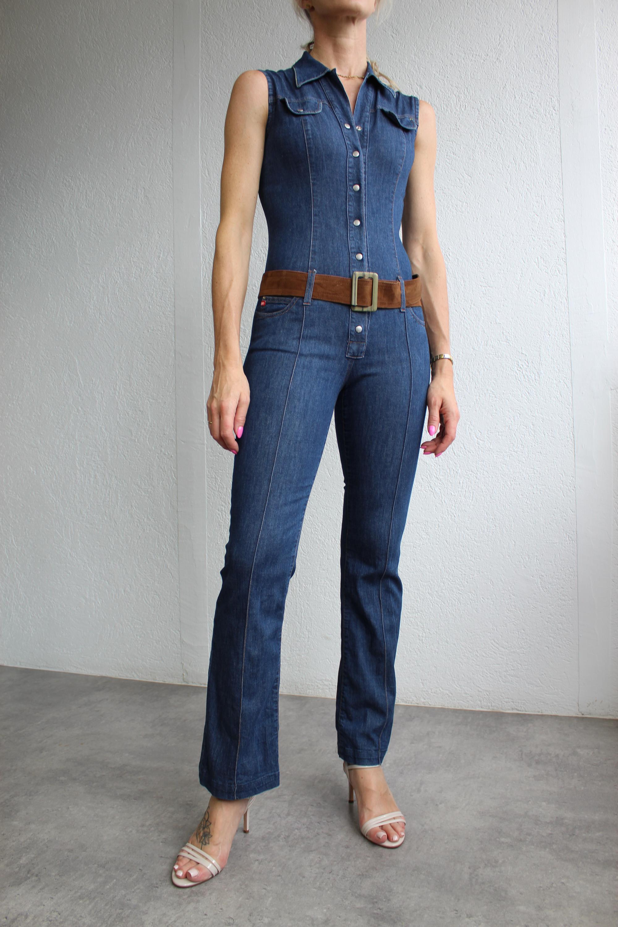 Y2k Miss Sixty Denim Jumpsuit Collar Rave Stretchy Denim Jumpsuit